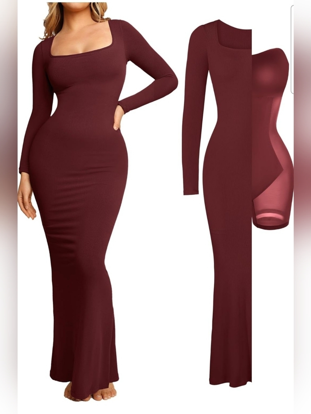 Popilush Women's Dark Red Longsleeve Shapewear Tummy Control Maxi Dress Size 3XL